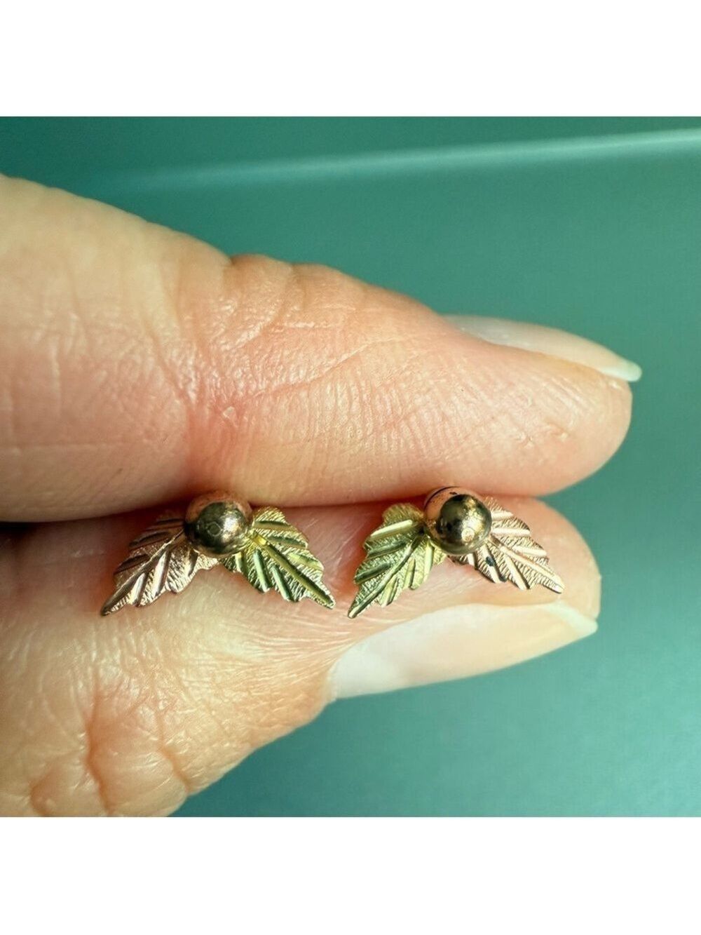 10k Rose & Yellow Gold Mistletoe Stud Earrings With Removable Leaves Bla… - Picture 2 of 8